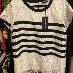 NWT Karl Lagerfeld White Navy Lace Striped Top XL